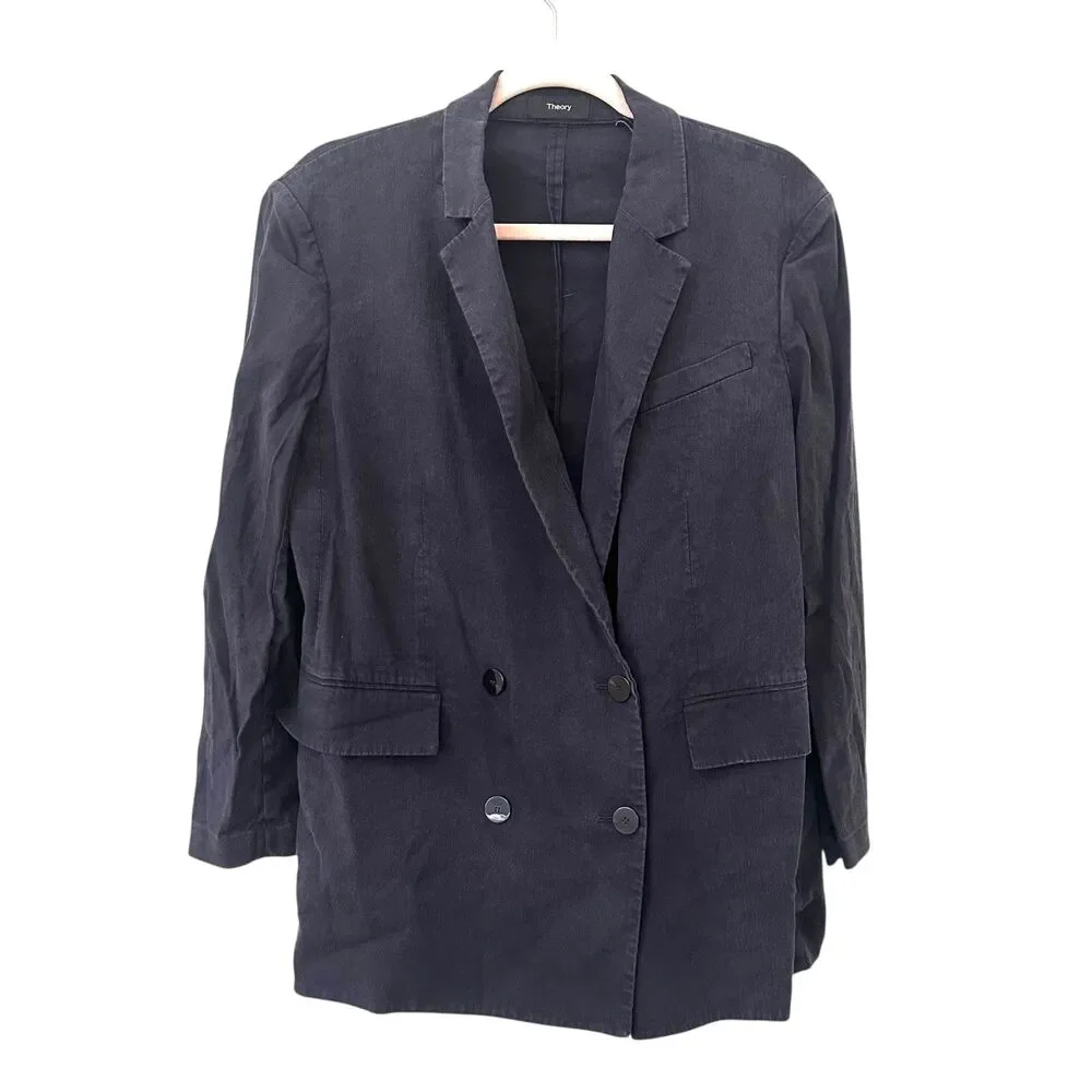 THEORY Piazza Linen‎ Blend Blazer Navy Blue Sz 10